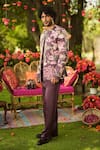 Shop_Mahima Mahajan_Burgundy Linen, Satin Sequins, Embroidery Floral Jacket Set 