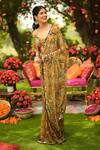 Buy_Mahima Mahajan_Gold Organza Sequins, Embroidery Off-shoulder Designer Pre-draped Saree Set 