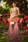 Buy_Mahima Mahajan_Pink Organza Sequins, Embroidery V-neck Designer Warm Bubblegum Gharara Set _Online_at_Aza_Fashions
