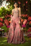 Shop_Mahima Mahajan_Pink Organza Sequins, Embroidery V-neck Designer Warm Bubblegum Gharara Set _Online_at_Aza_Fashions