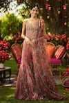 Buy_Mahima Mahajan_Pink Organza Sequins, Embroidery V-neck Designer Warm Bubblegum Gharara Set _at_Aza_Fashions