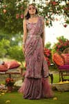 Shop_Mahima Mahajan_Pink Georgette, Organza, Lycra Sequins Square Neck Ruffle Pre-draped Saree Set _Online_at_Aza_Fashions