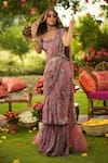Buy_Mahima Mahajan_Pink Georgette, Organza, Lycra Sequins Square Neck Ruffle Pre-draped Saree Set _at_Aza_Fashions