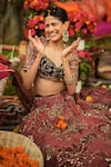 Shop_Mahima Mahajan_Wine Organza Sequins, Zari Round Neck Embroidered Lehenga With Blouse _Online_at_Aza_Fashions