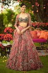 Buy_Mahima Mahajan_Wine Organza Sequins, Zari Round Neck Embroidered Lehenga With Blouse 