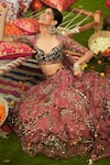 Shop_Mahima Mahajan_Wine Organza Sequins, Zari Round Neck Embroidered Lehenga With Blouse 