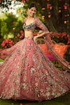 Shop_Mahima Mahajan_Wine Organza Sequins, Zari Round Neck Embroidered Lehenga With Blouse _at_Aza_Fashions