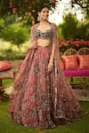 Buy_Mahima Mahajan_Wine Organza Sequins, Zari Round Neck Embroidered Lehenga With Blouse _at_Aza_Fashions