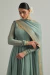 Ikshita Choudhary_Blue Chanderi, Organza Embroidery Square Neck Cadet Hand Anarkali Set _at_Aza_Fashions