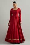 Buy_Ikshita Choudhary_Red Chanderi, Organza Embroidery Round Neck Hand Anarkali Set _Online_at_Aza_Fashions