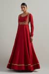 Ikshita Choudhary_Red Chanderi, Organza Embroidery Round Neck Hand Anarkali Set _at_Aza_Fashions