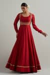 Buy_Ikshita Choudhary_Red Chanderi, Organza Embroidery Round Neck Hand Anarkali Set 
