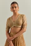 Buy_Ikshita Choudhary_Gold Organza Embroidery V-neck Hand Lehenga Set _Online_at_Aza_Fashions