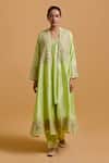Shop_Gulabo By Abu Sandeep_Green Modal, Chanderi Sequins, Embroidery Open Neck, Pista Kurta Set 