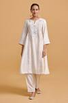 Buy_Gulabo By Abu Sandeep_Off White Modal, Chanderi Embroidery Split V-neck Kurta Pant Set _at_Aza_Fashions