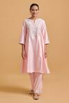 Buy_Gulabo By Abu Sandeep_Pink Modal, Chanderi Sequins Split V-neck Embroidered Kurta Set _at_Aza_Fashions
