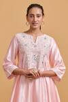Shop_Gulabo By Abu Sandeep_Pink Modal, Chanderi Sequins Split V-neck Embroidered Kurta Set 