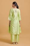 Shop_Gulabo By Abu Sandeep_Green Modal, Chanderi Embroidery, Sequins Split V-neck Pista Kurta And Pant Set _at_Aza_Fashions
