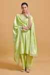 Gulabo By Abu Sandeep_Green Modal, Chanderi Embroidery, Sequins Split V-neck Pista Kurta And Pant Set _at_Aza_Fashions