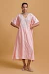 Buy_Gulabo By Abu Sandeep_Pink Modal, Chanderi Embroidery V-neck Kaftan _Online_at_Aza_Fashions