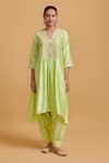 Buy_Gulabo By Abu Sandeep_Green Modal, Chanderi Embroidery V-neck Pista Kurta And Salwar Set _at_Aza_Fashions