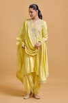 Shop_Gulabo By Abu Sandeep_Yellow Modal, Chanderi Embroidery V-neck Kurta Set _at_Aza_Fashions