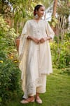 Gulabo By Abu Sandeep_Off White Modal, Chanderi Embroidery, Mirrors Mandarin Collar Kurta Pant Set _Online