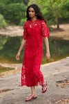 Dash And Dot_Red Polyester Lace Round Neck Midi Dress _Online_at_Aza_Fashions