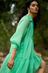 Dash And Dot_Green Tencel, Nylon Collared Textured Tiered Dress _Online_at_Aza_Fashions