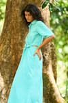 Dash And Dot_Aqua Nylon Collared Blue A-line Midi Dress _Online_at_Aza_Fashions