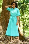 Buy_Dash And Dot_Aqua Nylon Collared Blue A-line Midi Dress _at_Aza_Fashions