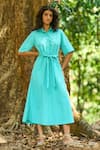 Dash And Dot_Aqua Nylon Collared Blue A-line Midi Dress _at_Aza_Fashions
