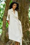 Shop_Dash And Dot_Beige Cotton, Nylon Collared Asymmetrical Hem Wrap Midi Shirt Dress _Online_at_Aza_Fashions