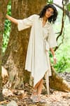 Shop_Dash And Dot_Beige Cotton, Nylon Collared Asymmetrical Hem Wrap Midi Shirt Dress _at_Aza_Fashions
