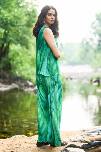 Dash And Dot_Green Polyester V-neck Leaf Printed A-line Top And Straight-fit Pant Set _at_Aza_Fashions