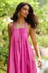Dash And Dot_Fuchsia Cotton, Poplin Halter Neck Tie-neck Dress _Online_at_Aza_Fashions