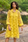 Dash And Dot_Yellow Polyester Embroidery Collared Lemon Organza Lace Dress _Online_at_Aza_Fashions