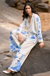 Dash And Dot_White Viscose, Linen V-neck Boxy Floral Print Shirt And Pant Set _at_Aza_Fashions