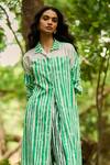 Buy_Dash And Dot_White Viscose, Linen Collared Handpainted Stripe Longline Shirt And Pant Set _Online_at_Aza_Fashions