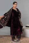 Angad Creations_Maroon Silk, Velvet V-neck Shaamdaani Kurta Set With Cape _Online_at_Aza_Fashions