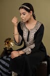 Buy_Angad Creations_Black Cotton Satin, Organza Embroidery Split V-neck Noor-e-lehr Kurta Pant Set _Online_at_Aza_Fashions