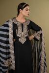 Angad Creations_Black Cotton Satin, Organza Embroidery Split V-neck Noor-e-lehr Kurta Pant Set _at_Aza_Fashions