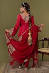 Angad Creations_Red Cotton Satin, Organza Embroidery Round Neck Zarnava Kurta Set _Online_at_Aza_Fashions