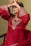 Buy_Angad Creations_Red Cotton Satin, Organza Embroidery Round Neck Zarnava Kurta Set 