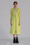 Buy_Anurag Gupta_Yellow Crepe Round Neck Lime Knitted Panel Long Dress _at_Aza_Fashions