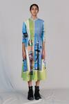 Buy_Anurag Gupta_Multi Color Denim, Silk Mandarin Collar Street Printed Long Dress _at_Aza_Fashions