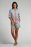 Buy_Taroob_Sky Blue Linen Embroidery Collared Monkey Pop Shirt And Shorts Set _at_Aza_Fashions