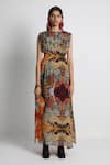 Forty Four_Multi Color Crepe Embroidery Round Neck Hand Dress _Online_at_Aza_Fashions
