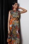 Shop_Forty Four_Multi Color Crepe Embroidery Round Neck Hand Dress _Online_at_Aza_Fashions