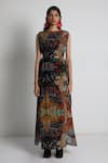 Shop_Forty Four_Multi Color Crepe Embroidery Round Neck Hand Dress _Online_at_Aza_Fashions
